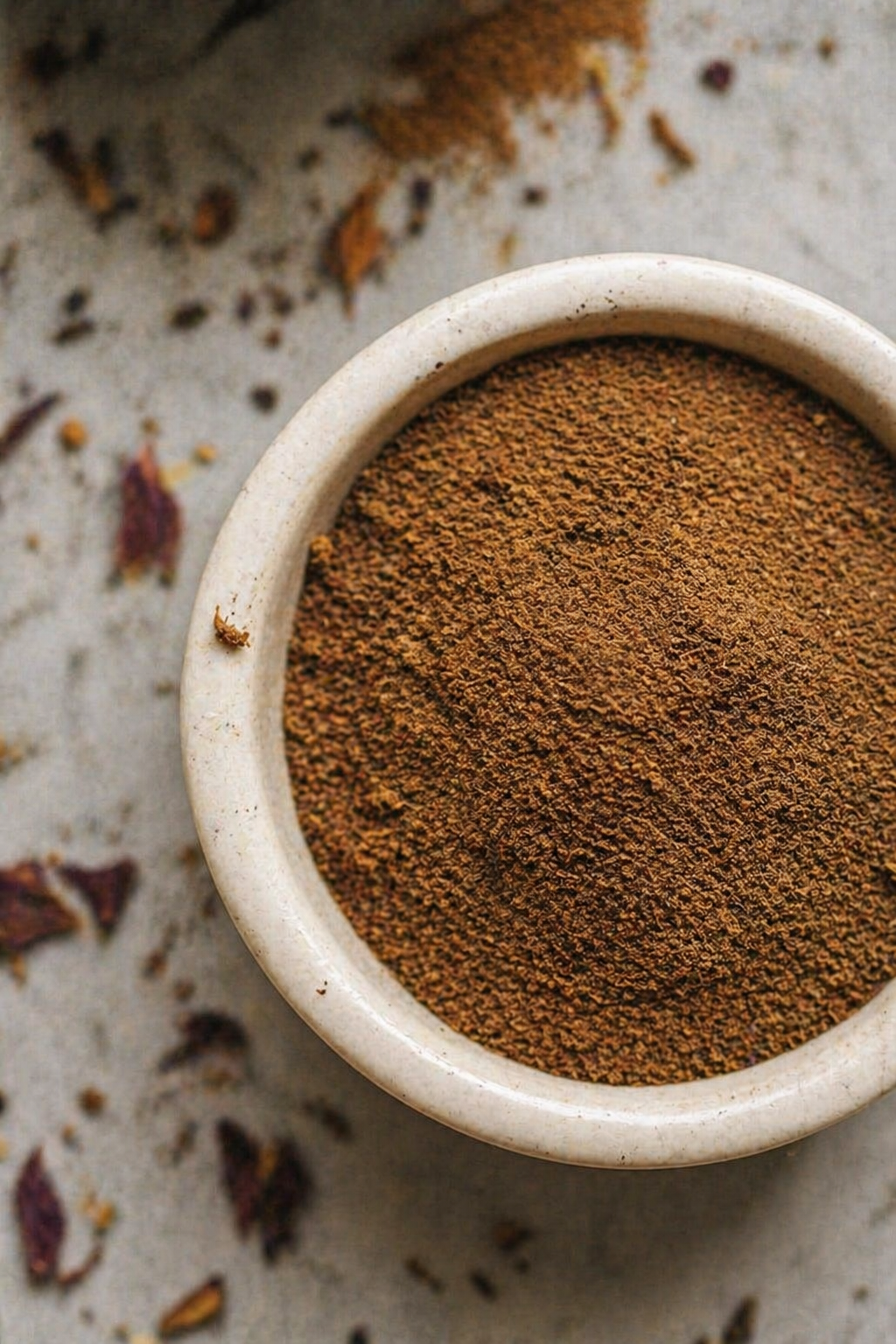A rustic bowl filled with finely ground Blue Lotus powder used as a ceremonial extract, resting on a textured stone surface with scattered petal fragments.